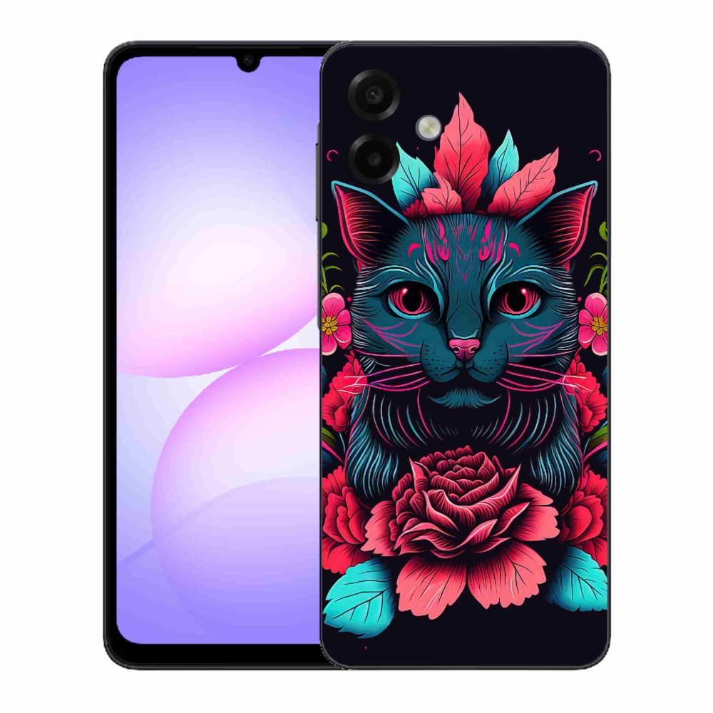 Gél borítás mmCase Samsung Galaxy A07 4G - virágok és macska