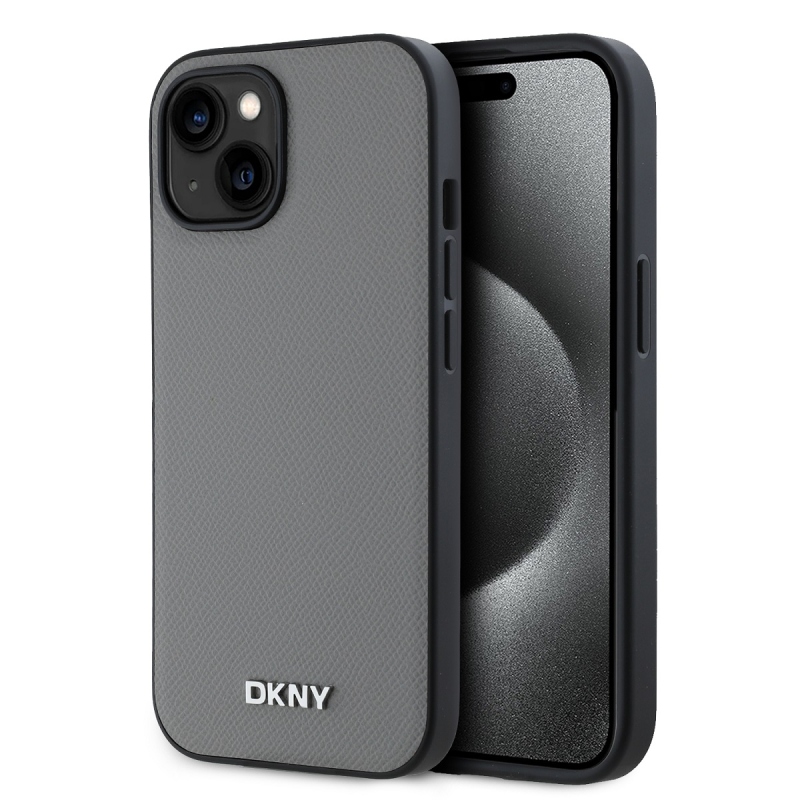 DKNY PU bőr ezüst fém logó Magsafe hátlap iPhone 13 szürke iPhone 13-hoz szürke