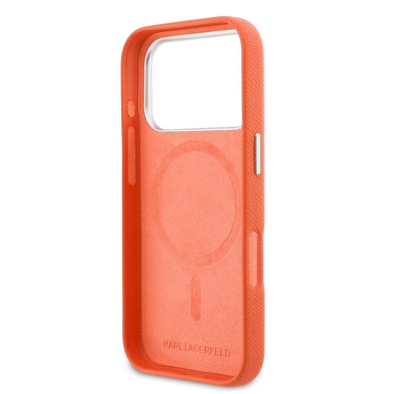 Karl Lagerfeld PU Karl és Choupette fejek tűk MagSafe hátlap iPhone 17 Pro Max narancssárga borítóhoz