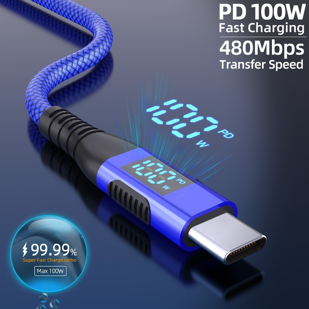 Nejlon USB-C / USB-C kijelzőkábellel 1m 100W - kék