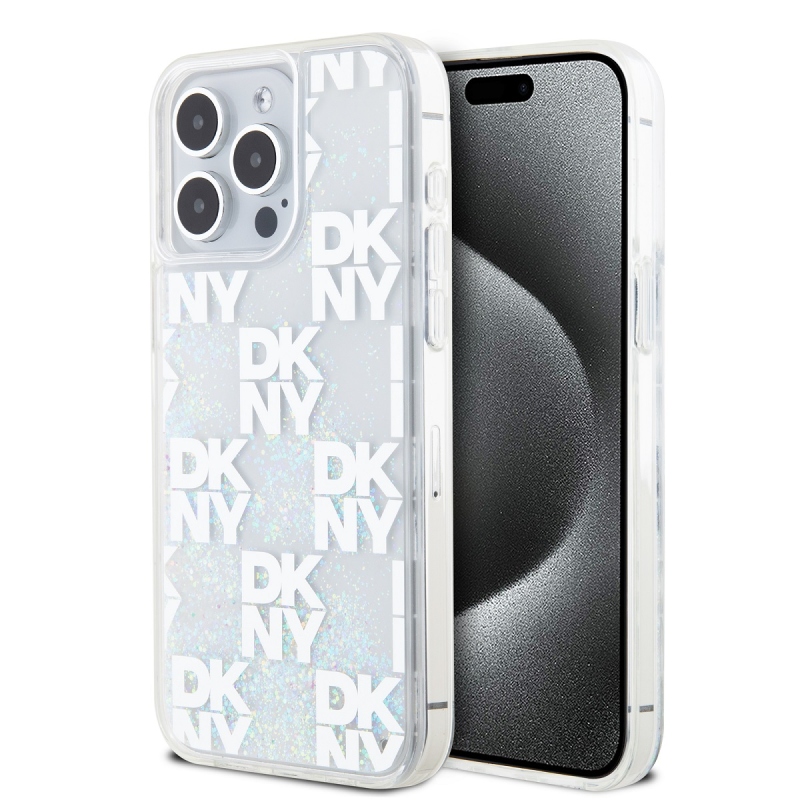 DKNY Liquid Glitter Checkered Pattern hátlapi borító iPhone 15 Pro Max-hoz Átlátszó