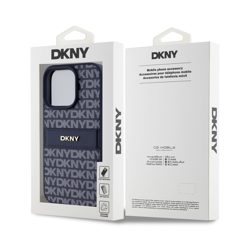 DKNY PU bőr ismétlődő mintás tonális csíkos hátlapi borító iPhone 16 Pro Max kékhez