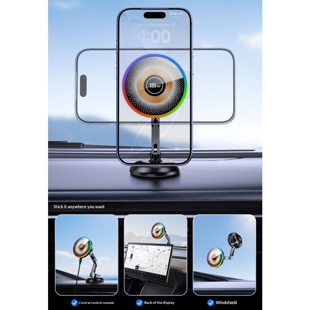AKD255 mágneses autós tartó 15 W-os vezeték nélküli töltéssel