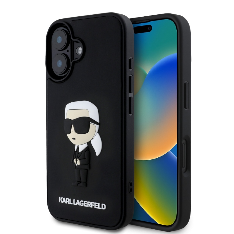 Karl Lagerfeld 3D gumi Ikonik hátlap iPhone 16-hoz Fekete