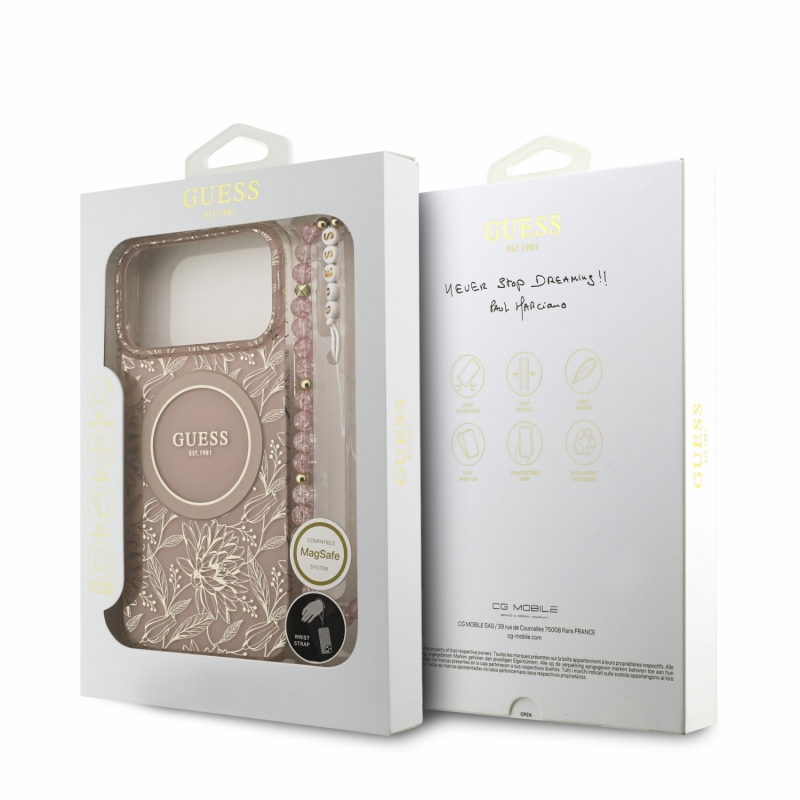 Guess IML Flowers Allover Strap MagSafe hátsó tok iPhone 18 Pro Max-hoz, rózsaszín