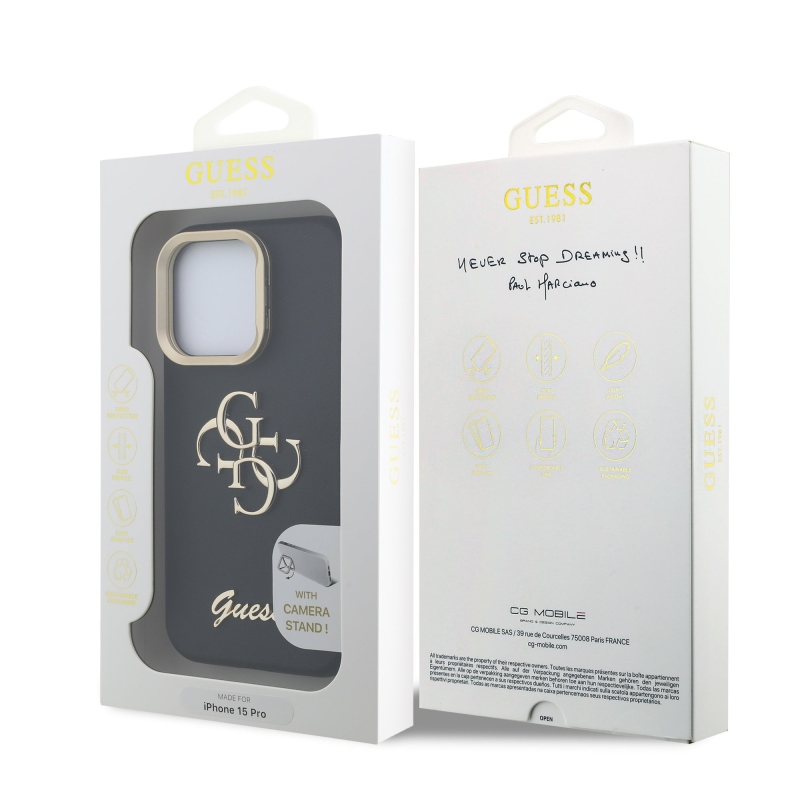 Guess PU szemcsés 4G Logo Stand Kamera keret hátlapi borító iPhone 15 Pro fekete