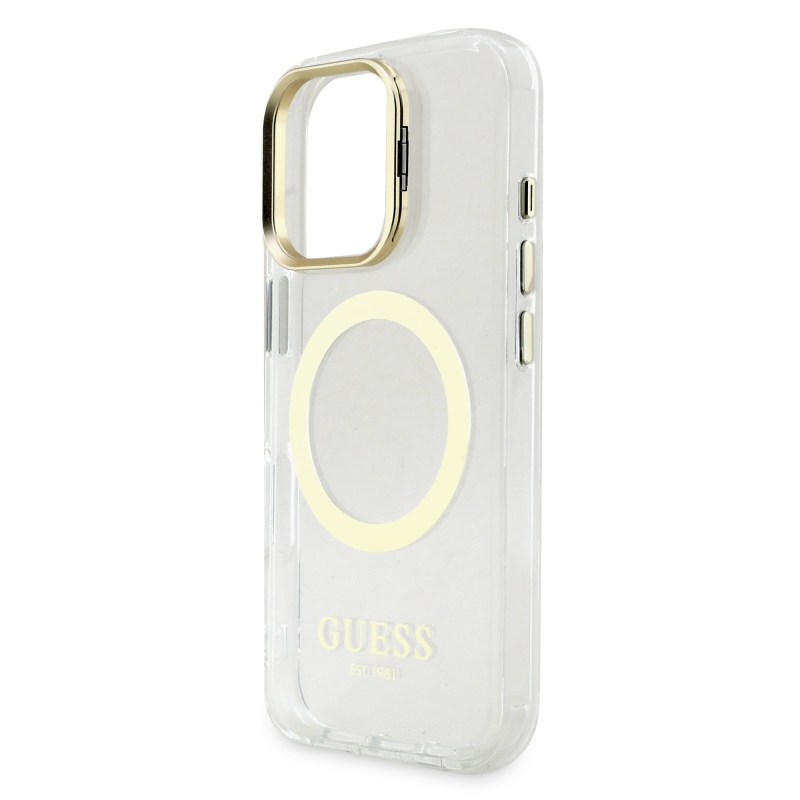 Guess IML Gold Outline Stand Kamera keret MagSafe hátlapi borító iPhone 16 Pro Max átlátszóhoz