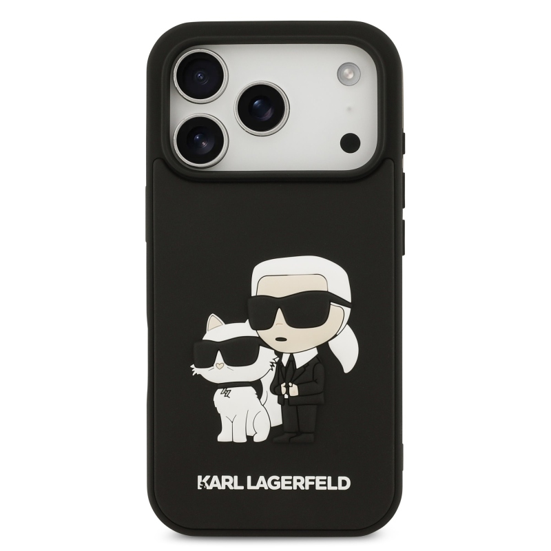 Karl Lagerfeld 3D gumiból készült Karl és Choupette hátlap iPhone 17 Pro-hoz Fekete