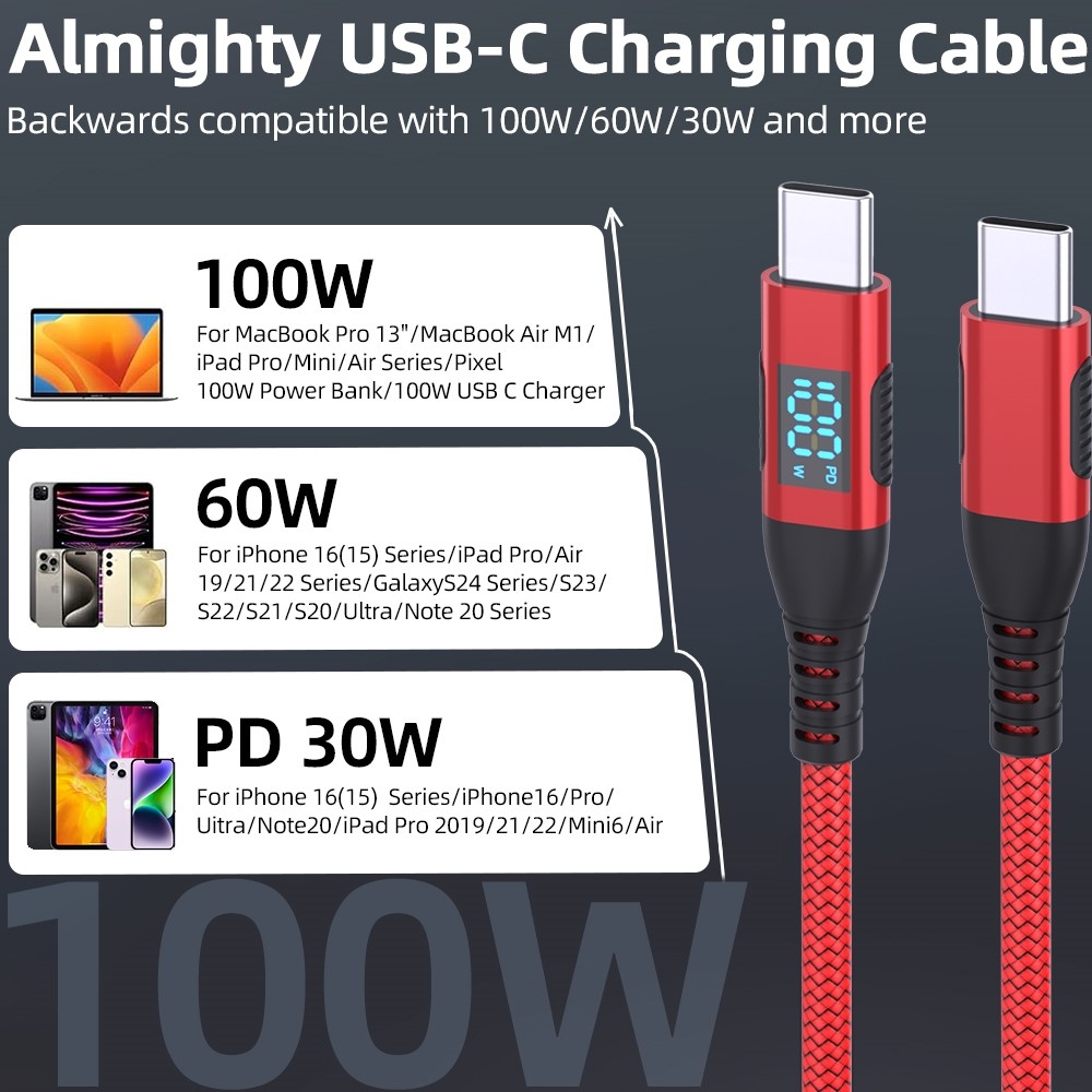Nejlon USB-C / USB-C kijelzőkábellel 1m 100W - piros