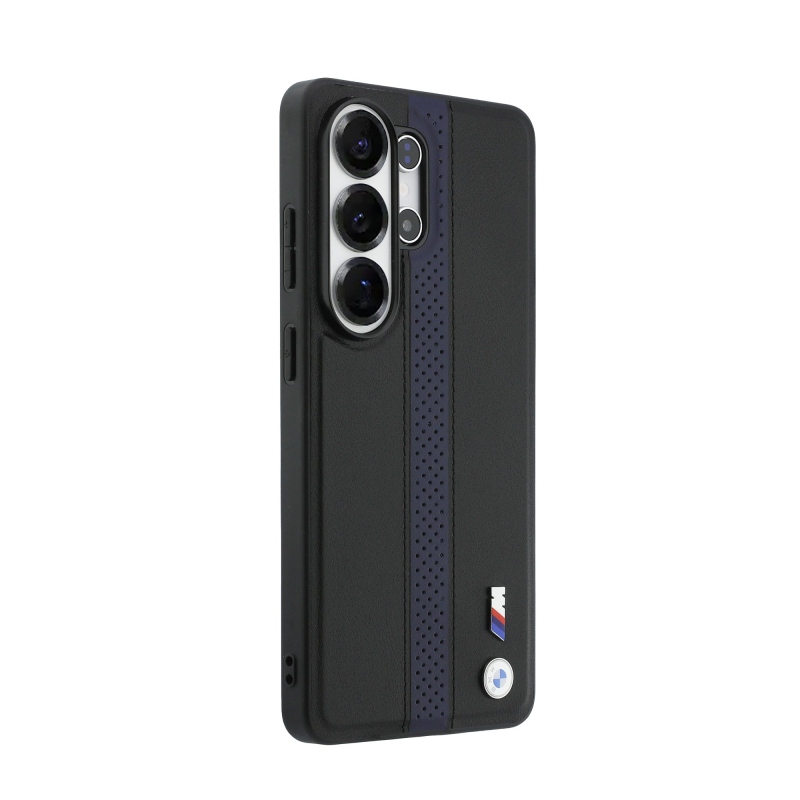 BMW M PU bőr perforált csíkok és fém logó mágneses hátlap Samsung Galaxy S26 Ultra Blue számára