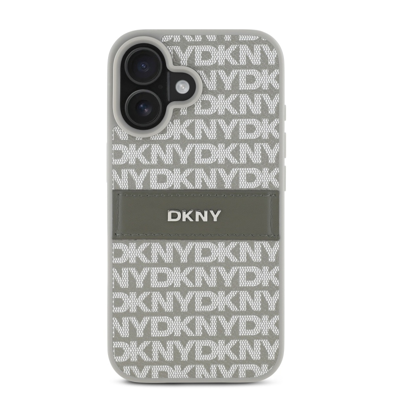 DKNY PU bőr ismétlődő mintás tonális csíkos hátlapi borító iPhone 16 bézs színűre