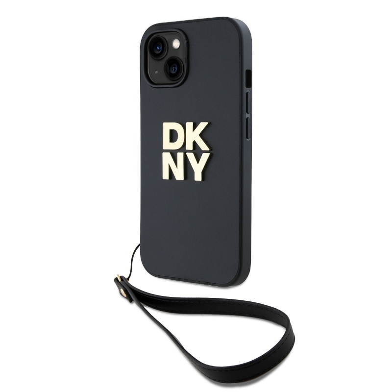 DKNY PU bőr Stack Logo csuklópánt hátlapi borító iPhone 14 Fekete