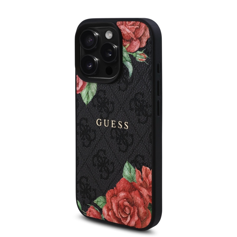 Guess PU bőr 4G rózsák MagSafe hátlap iPhone 16 Pro Max-hoz fekete