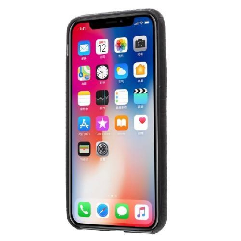 Krokó műanyag tok PU bőr hátlappal iPhone X készülékhez - fekete