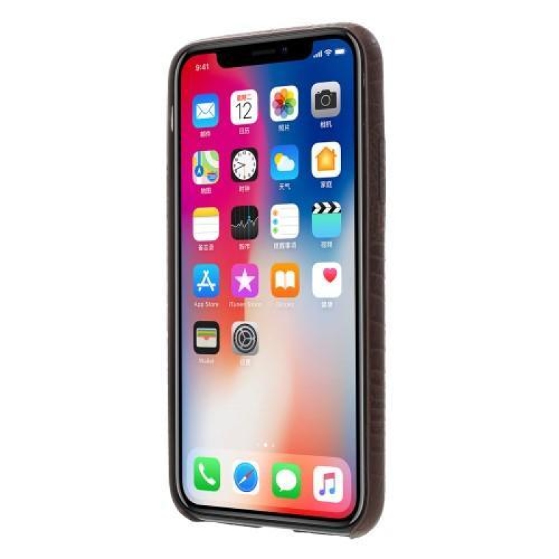 Krokó műanyag tok PU bőr hátlappal iPhone X készülékhez - kávé