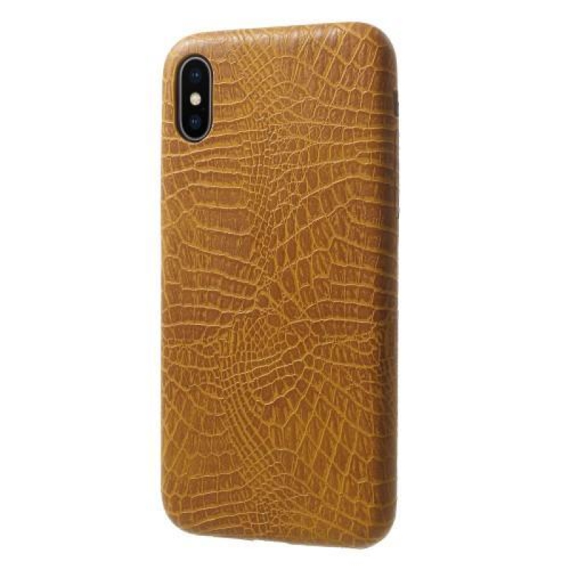 Krokó műanyag tok PU bőr hátlappal iPhone X készülékhez - barna