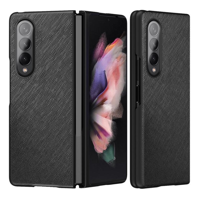 Kereszt alakú műanyag tok texturált PU bőrrel Samsung Galaxy Z Fold3 5G készülékhez - fekete