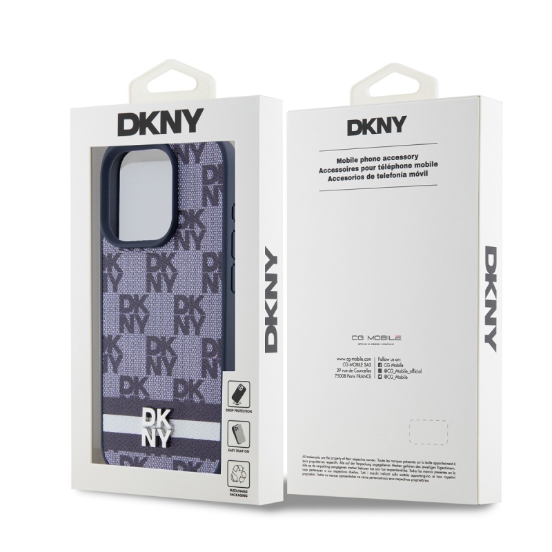 DKNY PU bőr kockás mintás és csíkos hátlapi borító iPhone 15 Pro kékhez