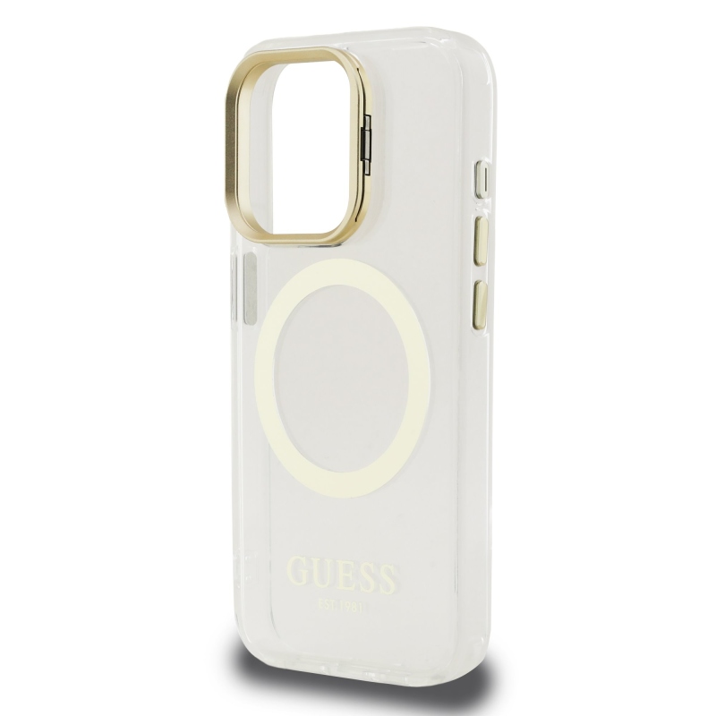 Guess IML Gold Outline Stand Kamera keret MagSafe hátlapi borító iPhone 15 Pro átlátszóhoz