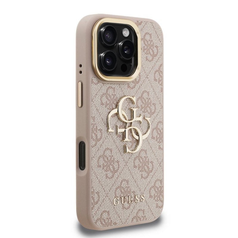 Guess PU 4G fém logó állvány kamera keret hátlapja iPhone 16 Pro rózsaszínhez