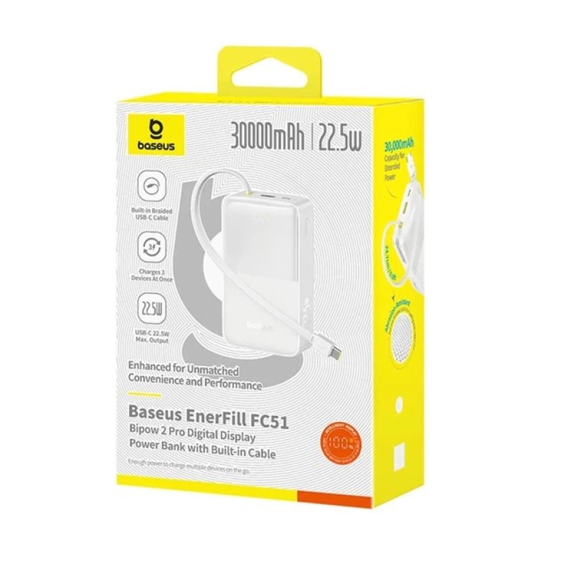 Baseus EnerFill FC51 Bipow 2 Pro 22,5 W-os powerbank beépített kábellel, 30 000 mAh, Moon White