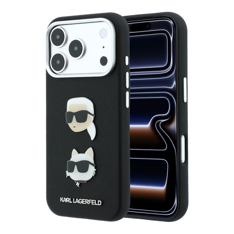 Karl Lagerfeld PU Semi Wrap Saffiano K&CH Heads hátsó tok iPhone 18 Pro-hoz, fekete