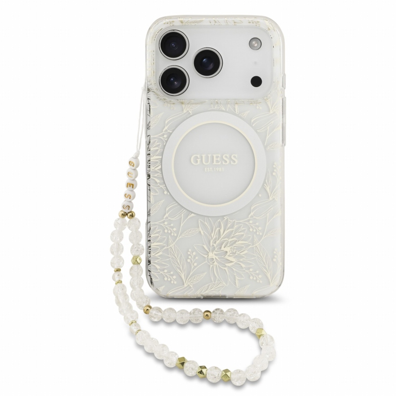 Guess IML Flowers Allover Strap MagSafe hátsó tok iPhone 18 Pro-hoz, fehér