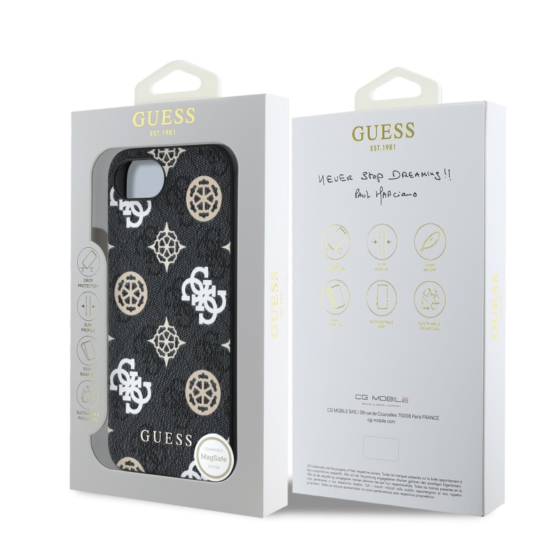 Guess PU 4G Peony MagSafe hátlap iPhone 16e/17e fekete iPhone 16e/17e számára