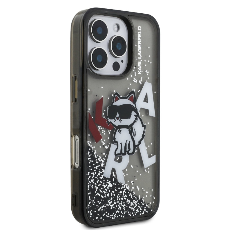 Karl Lagerfeld Folyékony csillámos, szórt csillogású Choupette hátlap iPhone 16 Pro Max-hoz Fekete