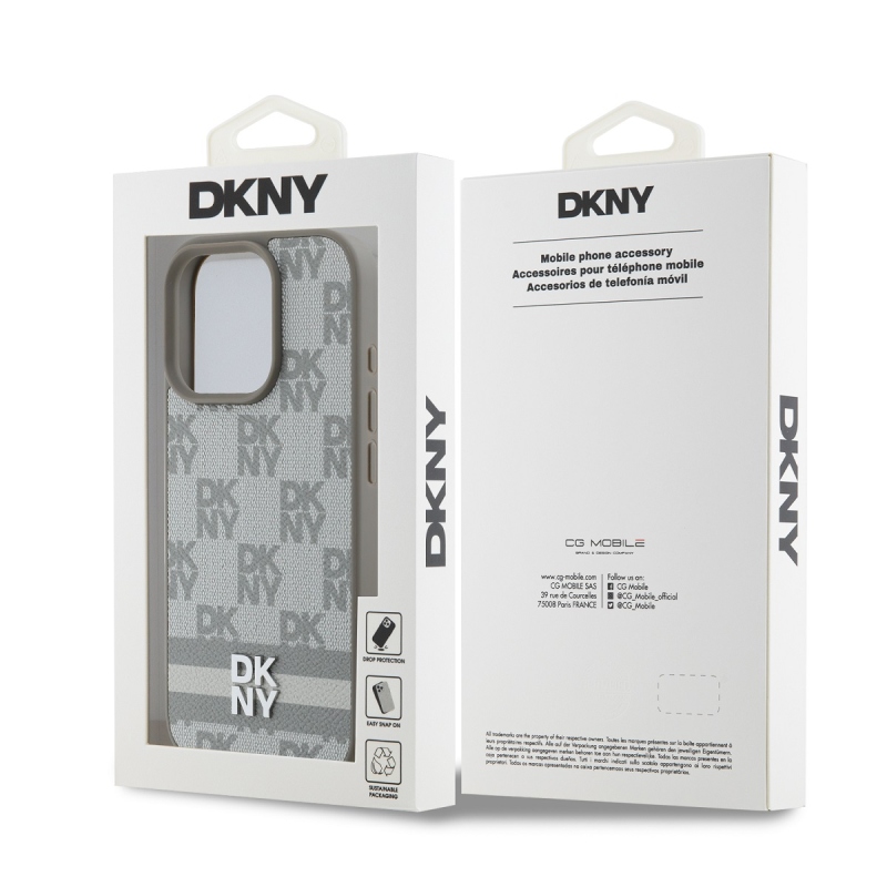 DKNY PU bőr kockás mintás és csíkos hátsó borító iPhone 16 Pro bézs színű készülékhez
