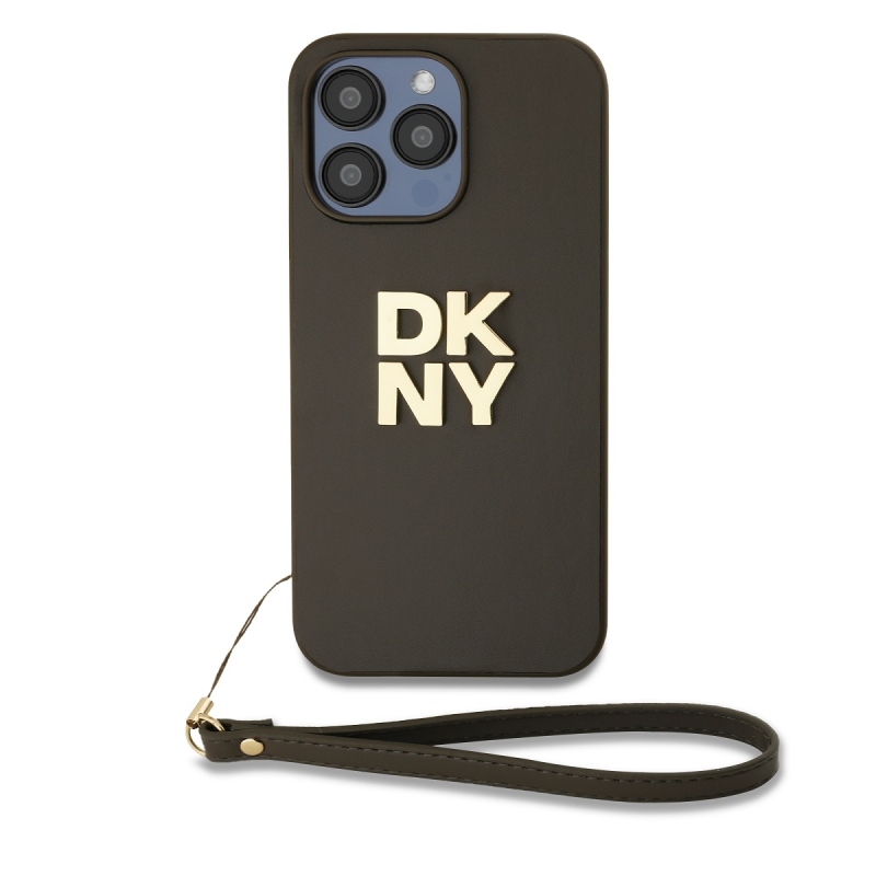 DKNY PU bőr Stack Logo csuklópánt hátlapi borító iPhone 14 Pro barna színhez