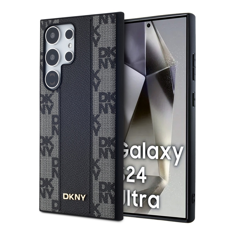 DKNY PU bőr kockás mintás Magsafe hátlap a Samsung Galaxy S24 Ultra Fekete számára