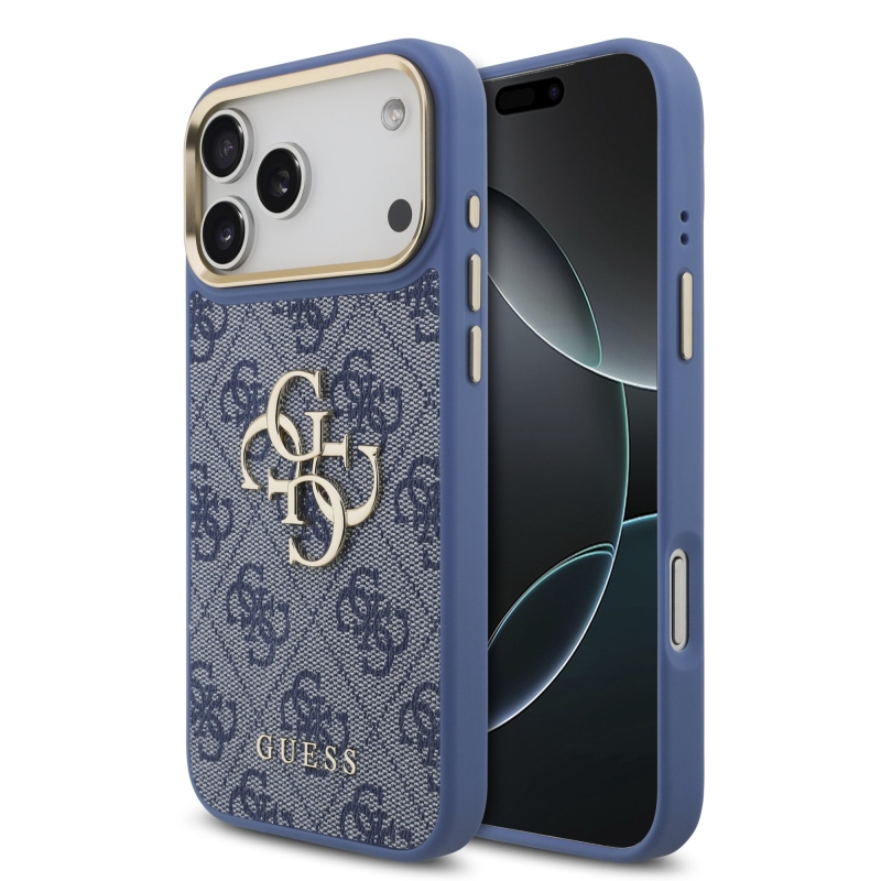 Guess PU bőr 4G fém logóval és arany kerettel ellátott hátlap az iPhone 18 Pro Max-hoz, kék