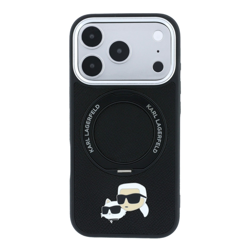 Karl Lagerfeld PU Grained K&CH Heads Ring Stand Magsafe hátsó tok iPhone 18 Pro-hoz, fekete