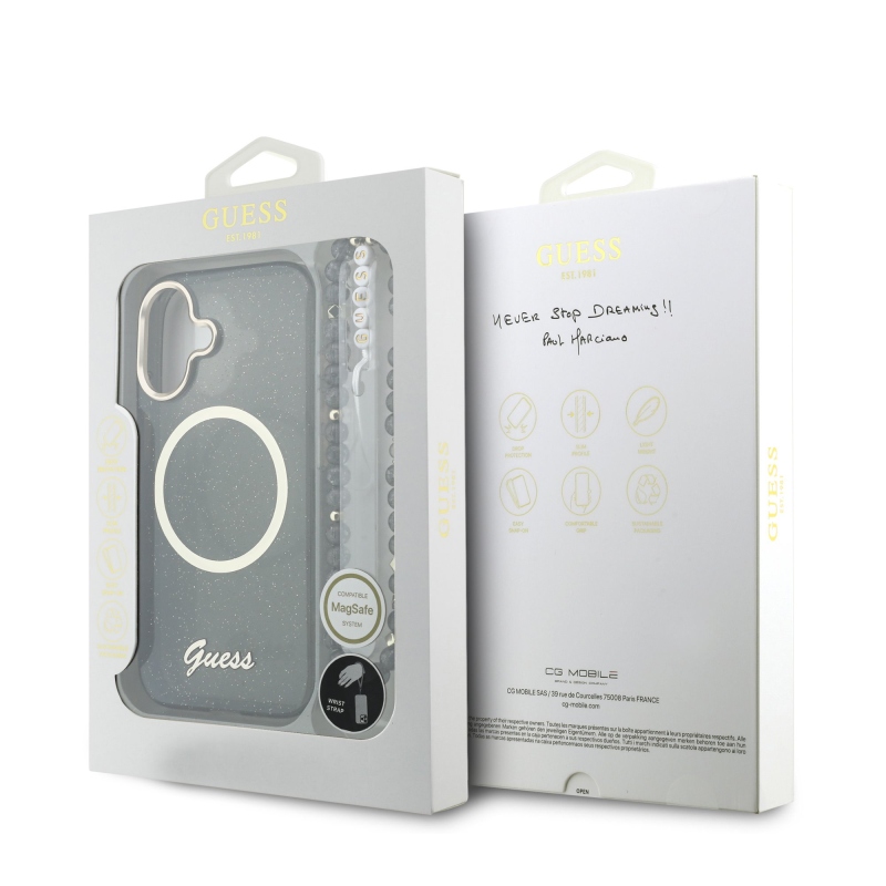 Guess IML Glitter Script Strap MagSafe hátlapi borító iPhone 17 Fekete