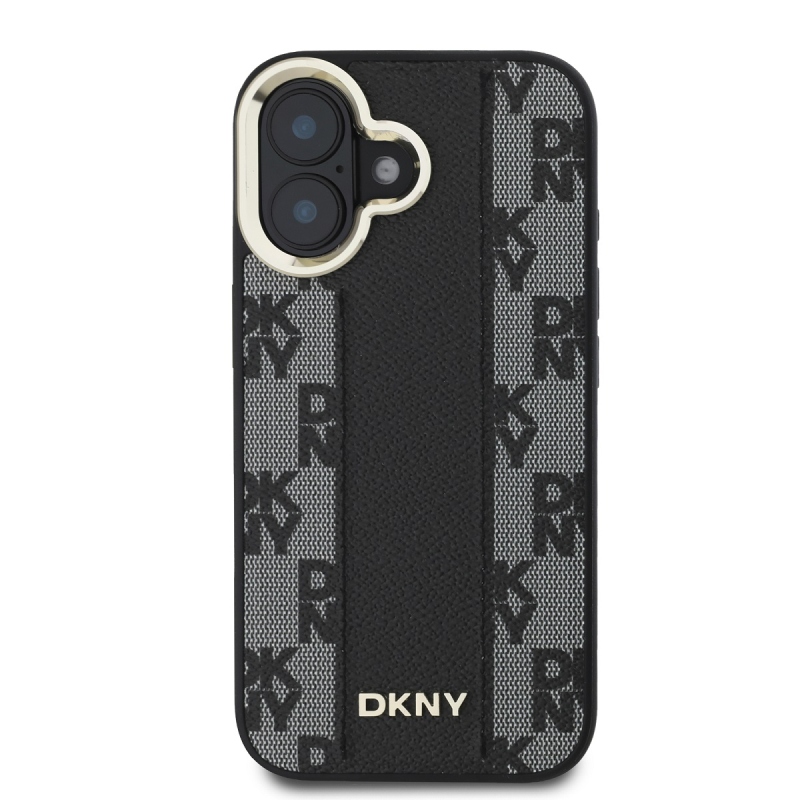 DKNY PU bőr kockás mintás Magsafe hátlap iPhone 16 Plus-hoz Fekete