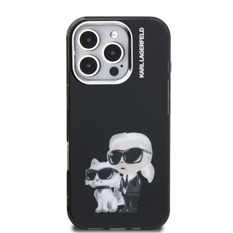 Karl Lagerfeld IML Aquarelle Karl és Choupette hátlapi borító iPhone 16 Pro Max készülékhez Fekete
