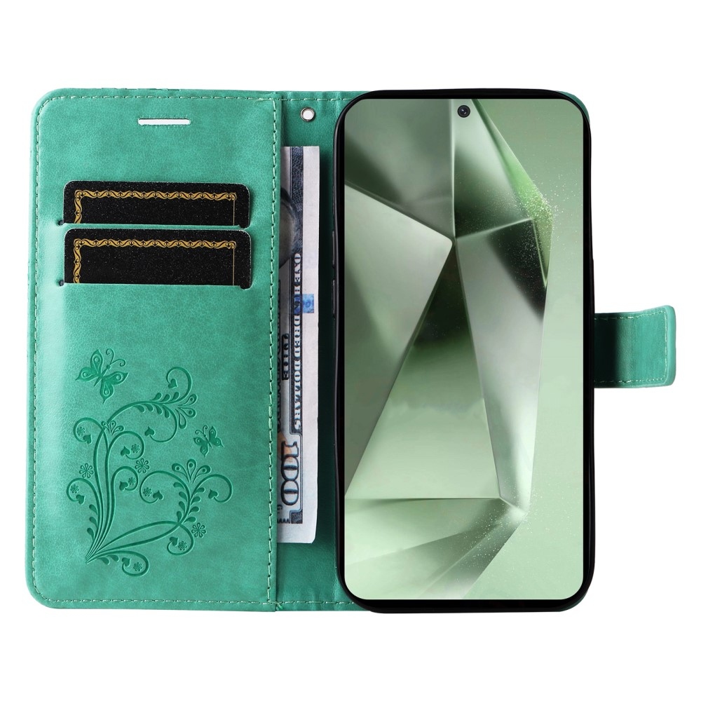 Nagy pillangó könyv tok Samsung Galaxy S24 FE készülékhez - kékeszöld színű