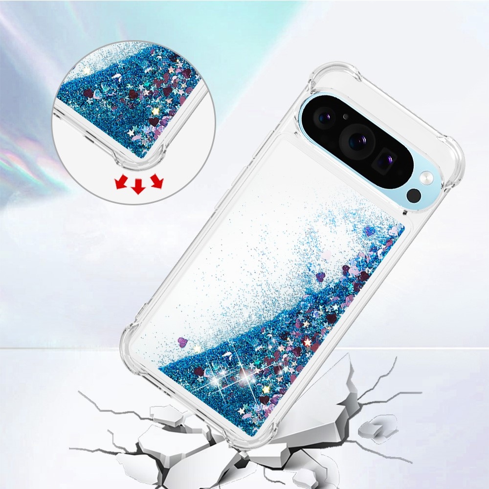 Csillogó homokóra zselés tok Google Pixel 10 Pro XL-hez - kék/szív