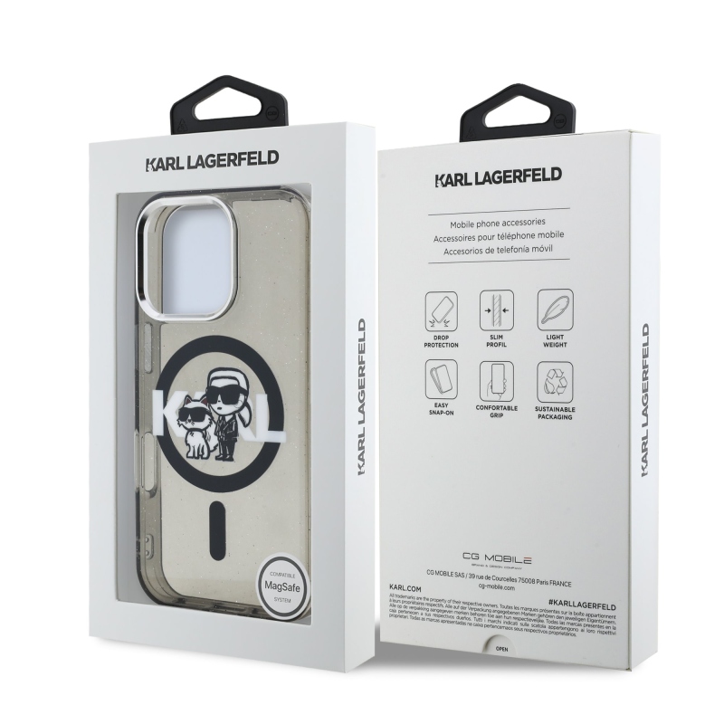 Karl Lagerfeld IML Glitter Karl és Choupette Sketch MagSafe hátlap iPhone 16 Pro Max-hoz Fekete