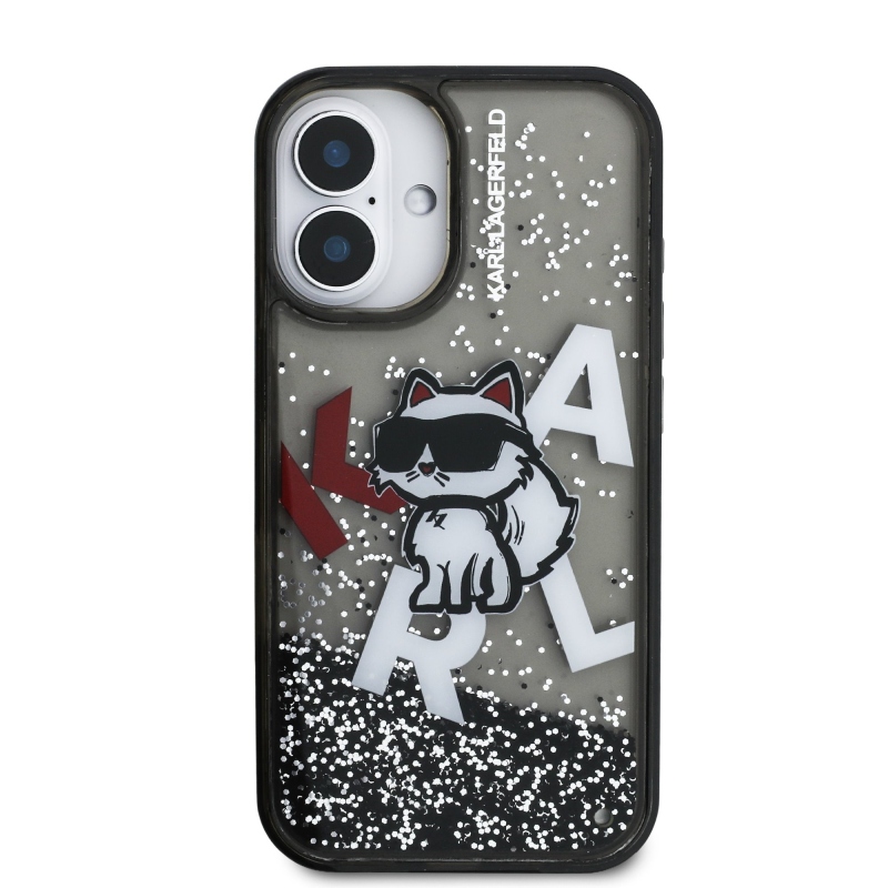 Karl Lagerfeld Folyékony csillámporos, szétszórt Choupette hátlap iPhone 16-hoz Fekete