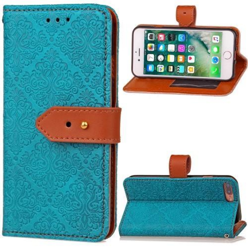 Damaszk PU bőr tok iPhone 8 Plus és 7 Plus készülékhez - kék