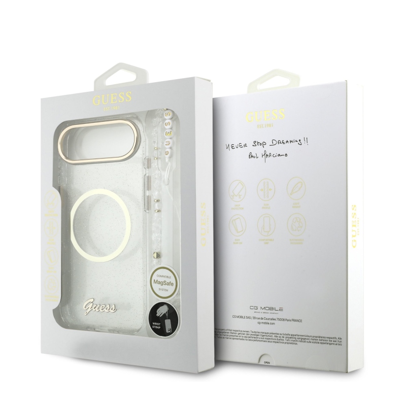 Guess IML Glitter Script Strap MagSafe hátlapi borító az iPhone Airhez Átlátszó