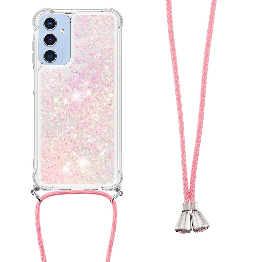 Csillogó homokóra zselés tok húzózsinórral Samsung Galaxy A17 4G/5G - rózsaszín/csillagok