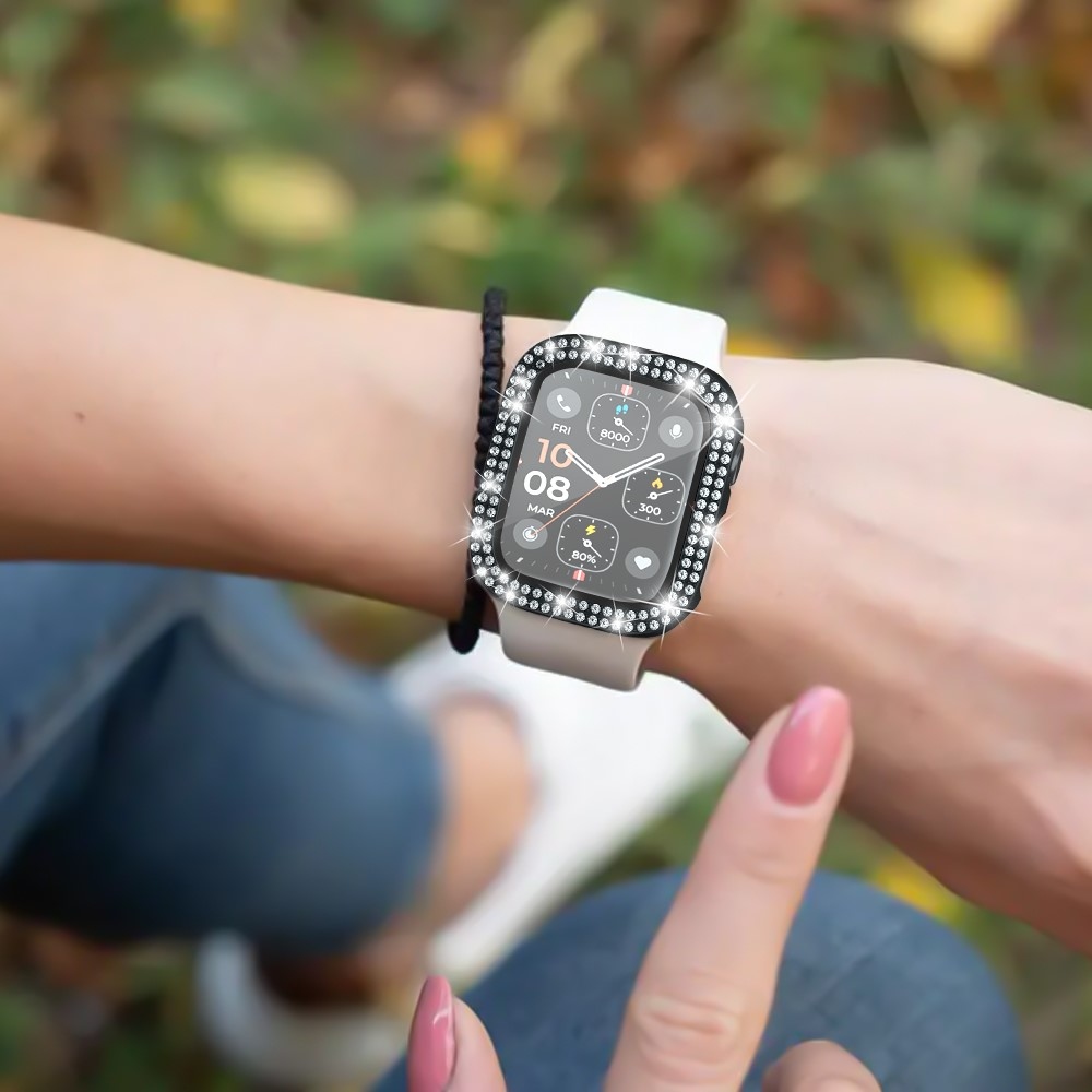 Decory műanyag, rácsatlakoztatható tok strasszokkal az Apple Watch SE3/SE2/SE1/Watch 6/5/4 40 mm-es modellhez – fekete