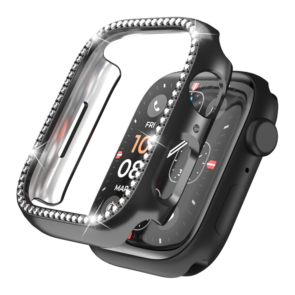 Decory műanyag, rácsatlakoztatható tok strasszokkal az Apple Watch SE3/SE2/SE1/Watch 6/5/4 44 mm-es modellhez – fekete