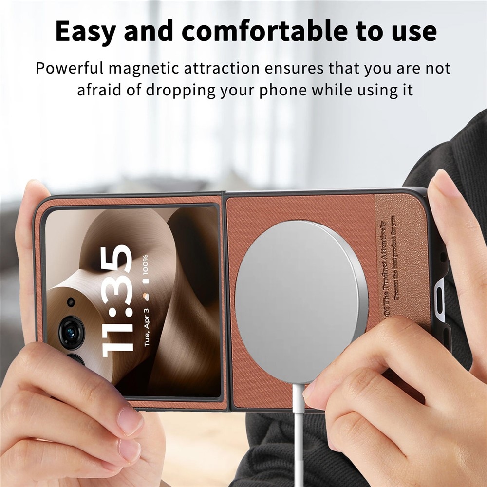 Denim műanyag borítás műbőrrel és MagSafe-rel a Motorola Razr 60 Ultra 5G készülékhez - barna színben