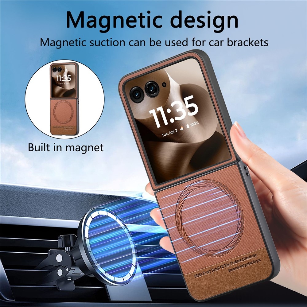 Denim műanyag borítás műbőrrel és MagSafe-rel a Motorola Razr 60 Ultra 5G készülékhez - barna színben