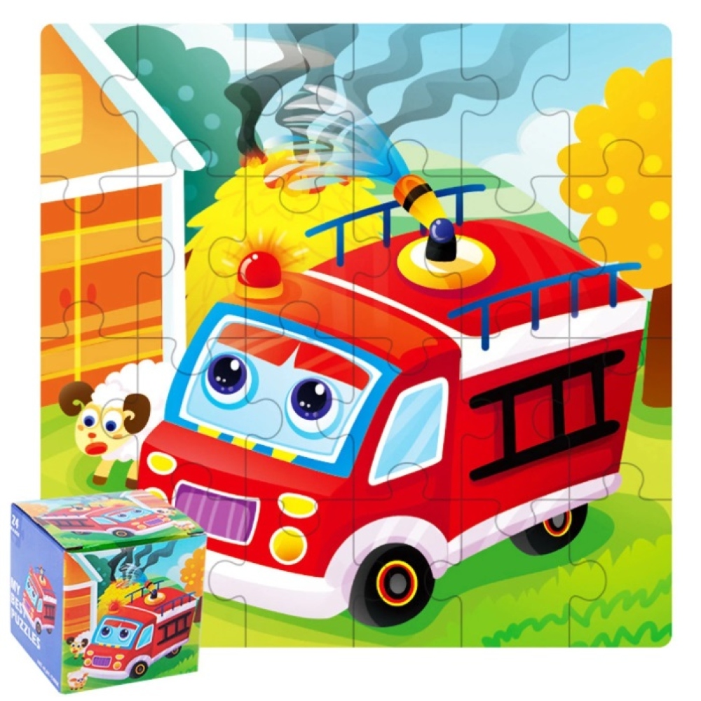 Gyermek fa puzzle 14x14cm (24 darab) - tűzoltóautó