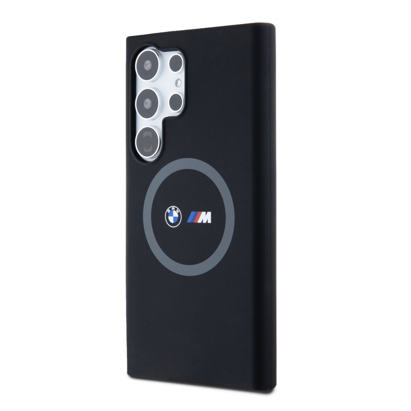 BMW M nyomtatott kerek és logó Magsafe szilikon borító Samsung Galaxy S24 Ultra fekete